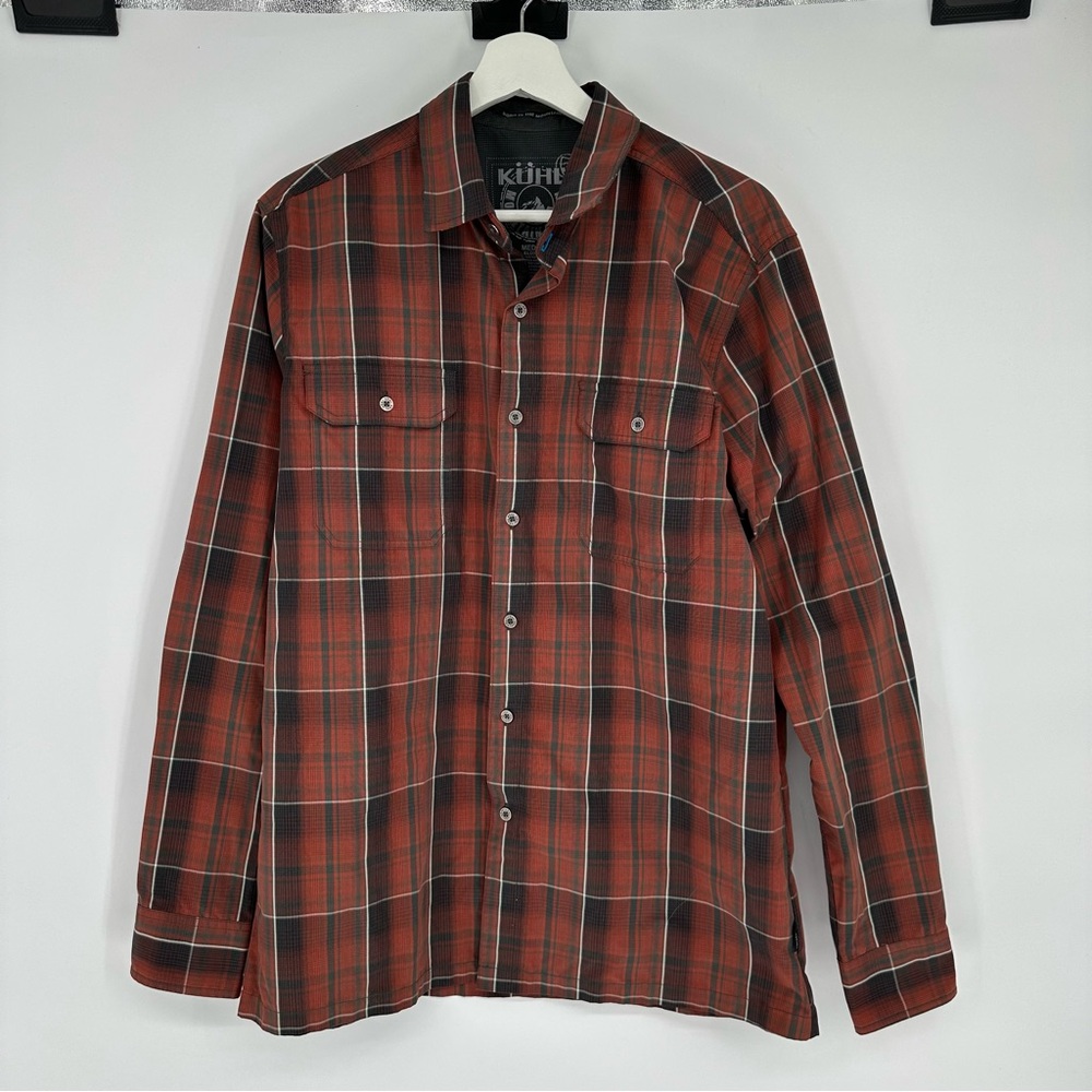 Kuhl Eluxur Orange & Grey Plaid Flannel Button Up Shirt Medium Mens